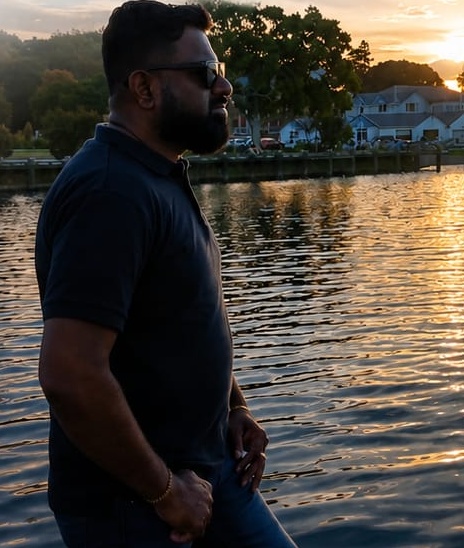 Raj, the person behind Relax Ride, by the New Zealand waterfront at sunset